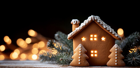 Weihnachtliches, selbst gebackenes Lebkuchenhaus mit Lichtern und Tannenbaum Keksen vor festlicher Beleuchtung im Bokeh Hintergrund und Platz f&uuml;r Text