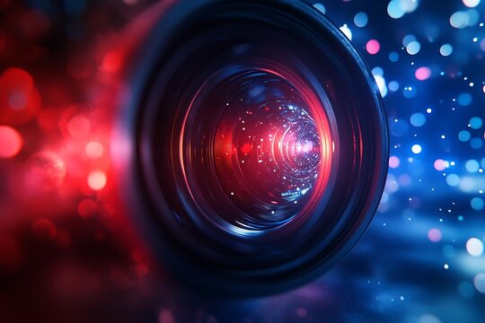 Camera Lens with Red and Blue Glimmering Bokeh Background
