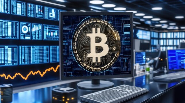 A vibrant display on a trading desk showcasing Bitcoin against a backdrop of data analytics and market trends