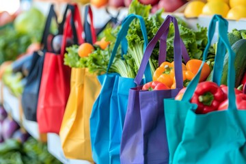 Colorful reusable bags filled with fresh vegetables in market