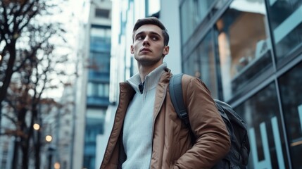 Fototapeta premium Man with backpack outside building