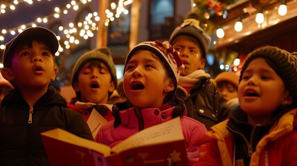 Naklejka premium A group of Colombian children singing Christmas carols (villancicos) on a cozy street, with brightly lit decorations and a nativity scene in the background, capturing the joyful spirit of the holiday 