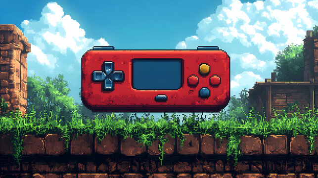 A pixel art handheld gaming console in a vibrant landscape.