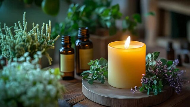 aromatherapy essential oil and candle on a wooden tray