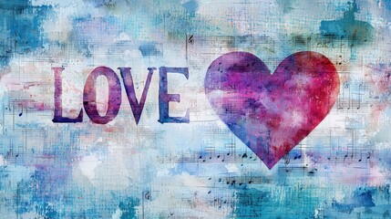 Obraz premium A vibrant piece of art features the word love prominently alongside a heart, set against a textured background filled with musical notes and splashes of color