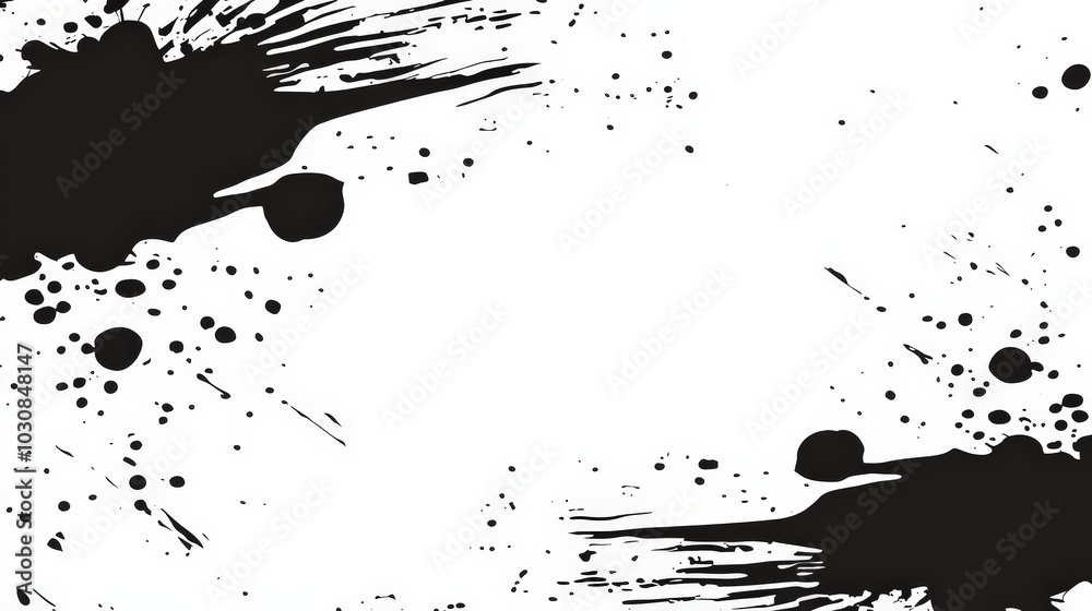 Poster Black ink splatters spread across a white background, creating a dynamic contrast and texture that can enhance various artistic or design applications