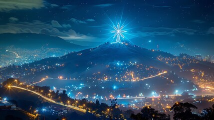 A panoramic view of Medellín's iconic Cerro Nutibara, illuminated with festive lights, including a massive Christmas star shining atop the mountain, visible across the city skyline