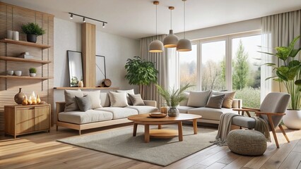Fototapeta premium Serene Japandi Living Room: Elegant Fusion of Japanese Minimalism and Scandinavian Warmth