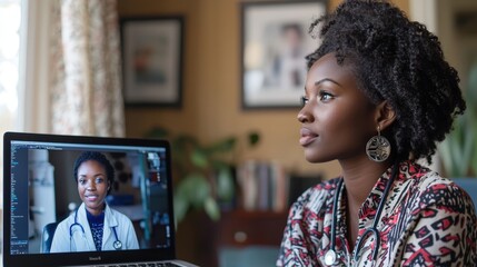 A doctor converses with a patient through a laptop in a warm living room filled with plants and artistic decor, emphasizing modern telemedicine