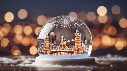 Close up of a snow globe with a cityscape of downtown London. City at night with snow on the ground and background with bokeh effect. Concept of winter, holiday season and Christmas.