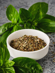 Fresh Green Basil and Dried Spices Isolated for Italian Pesto Ingredients Vegetarian Culinary