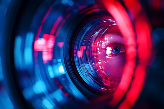 Close Up Blue Eye Looking Through Camera Lens Bokeh