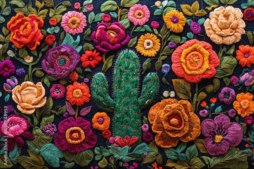 Poster a vibrant display of embroidered flowers and a cactus showcases detailed stitching artistry against 