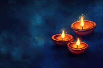Three lit candles on blue