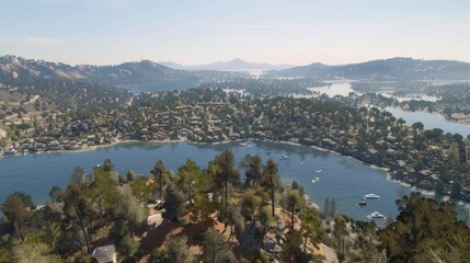 Naklejka premium Aerial View of a Lakeside Community with Boats and Surrounding Forest