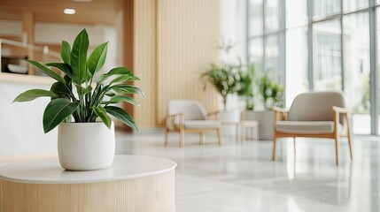 Modern waiting area with potted plants, minimalist furniture, and natural light, bright and welcoming interior design
