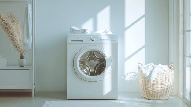 wahing machine in laundy area in home. in white theme