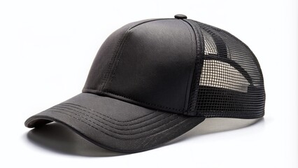 Fototapeta premium Stylish Black Trucker Cap Mockup with Mesh Back - Perfect for Fashion and Branding