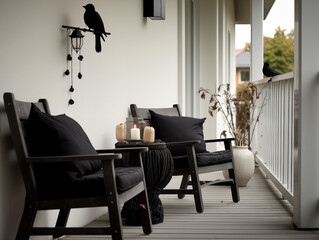 Porch decorated for halloween and fall. Outdoors sofa outside wooden house with halloween decor.
