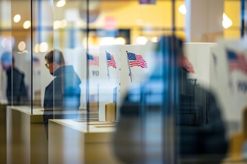 Diverse citizens at ballot station on election day. White and African American male and female voters holding voting forms in hands standing in line at polling place. Crop shot. US democracy concept