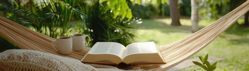 Relaxing hammock with an open book and a cup in a serene outdoor setting.
