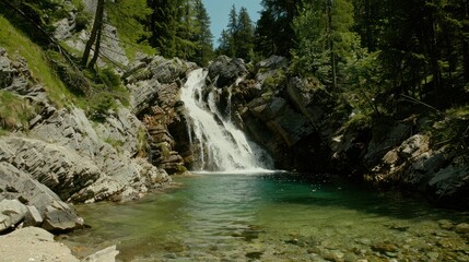 A Serene Waterfall Cascading into a Crystal-Clear Pool Surrounded by Lush Greenery