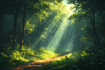 Obraz premium A serene forest scene with sunlight filtering through trees, creating a tranquil and enchanting atmosphere on a woodland path.