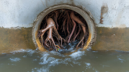Thick tree roots clogging drainage pipe, causing water blockage and flow issues