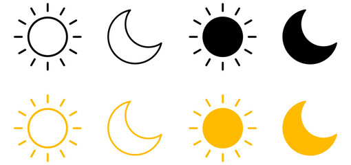Sun and moon icon vector day and night icon set. dark and light mode icons , Screen brightness and contrast level signs and symbols for app user interface and web elements.