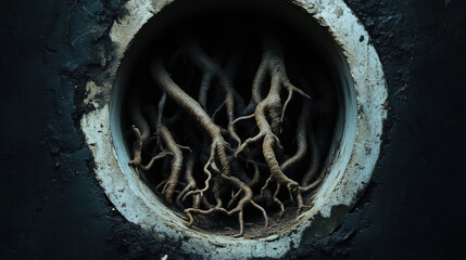 Thick tree roots clogging drainage pipe create striking visual