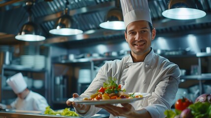 Chef cooks and presents a dish in the kitchen of a luxury restaurant