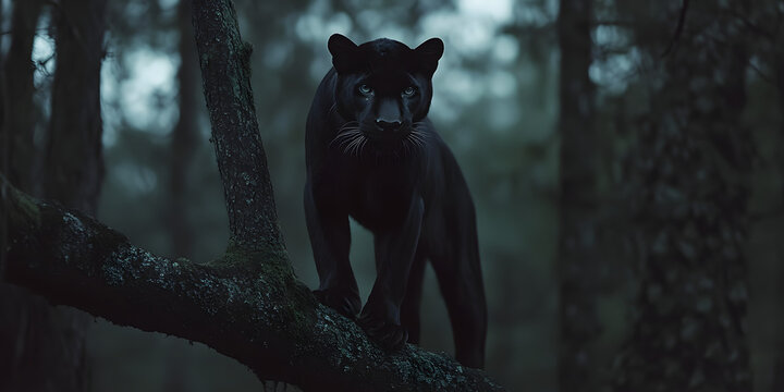 Pantera negra elegante em uma floresta escura