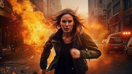 Action shot with woman on the run. Dynamic scene in action movie blockbuster style.