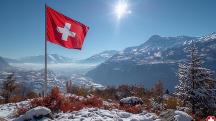 Swiss flag flying high over snowy mountain landscape