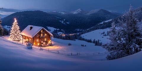 Fototapeta premium a christmas tree with candles stands in the snow next to a lonely romantically lit hut in mountains