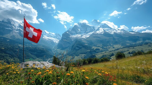 Swiss flag flying in front of scenic mountain landscape