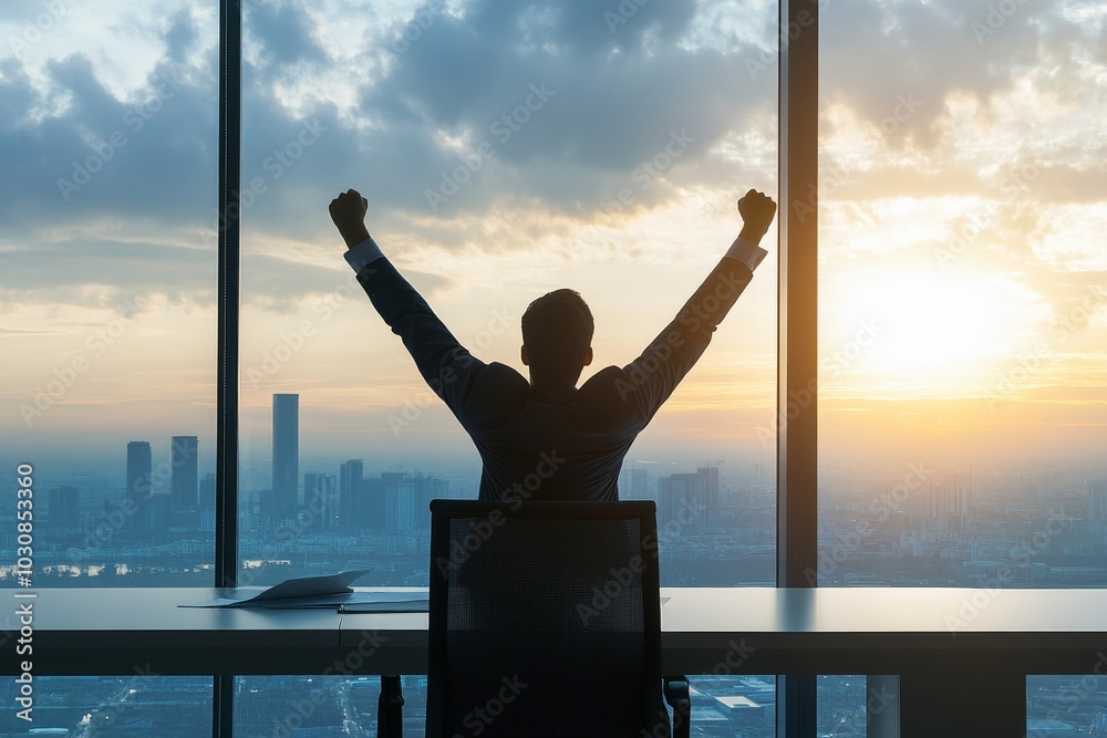 Wall mural businessperson raising arms in victory after closing a major deal.