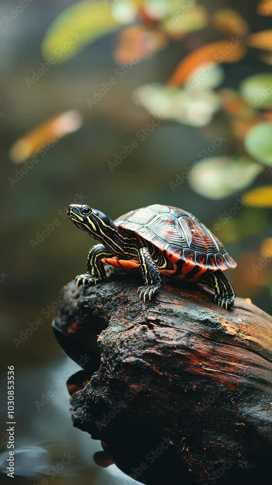 Poster Painted turtle on a log with colorful bokeh background