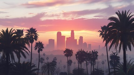 Sunset Over Los Angeles Skyline with Silhouetted Palm Trees and Vibrant Sky Colors