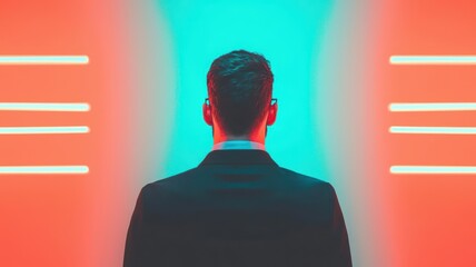 Entrepreneur under bright city lights, abstract patterns of movement capturing hustle and future vision