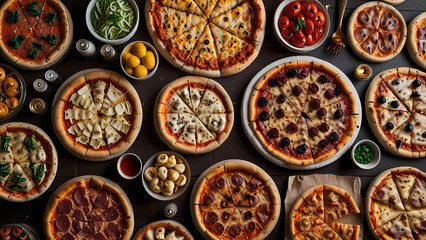 Kinds of pizza on a wooden table seen from above