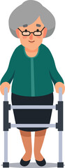 Illustration of an elderly woman with grey hair and glasses using a walker to help her stand and walk. She is smiling and appears to be in good spirits