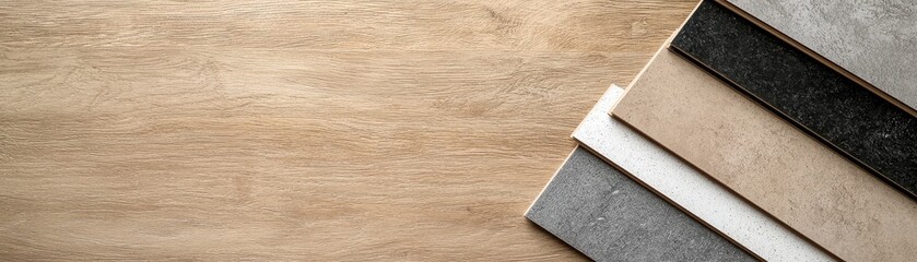 Sample of various tiles on a wooden surface, close-up view, neutral color palette.