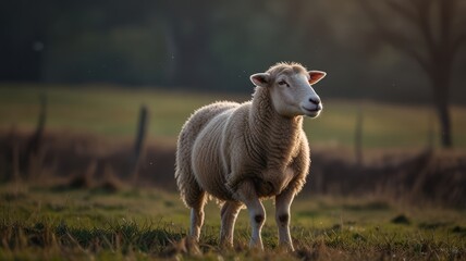 Obraz premium A sheep stands in a green field with a blurred background of trees and grass.