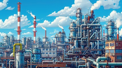 Fototapeta premium Industrial background featuring an exterior view of a chemical plant, with a dense tangle of pipes and ducts against buildings and smokestacks. Oil refinery, factory, illustration. High resolution