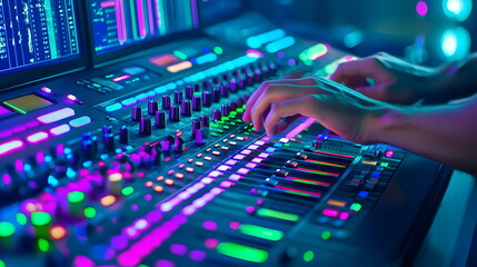 Piano Keys: A close-up of skilled hands playing the piano, with a blurred background of colorful lights.  The image captures the essence of music, passion, and artistry. 