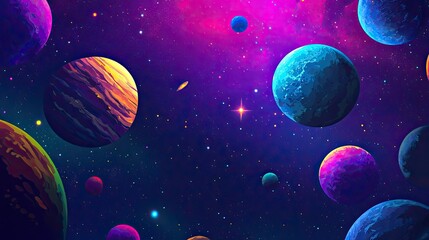 Cosmic background with colorful planets against the glowing stars. Abstract universe cover design. 