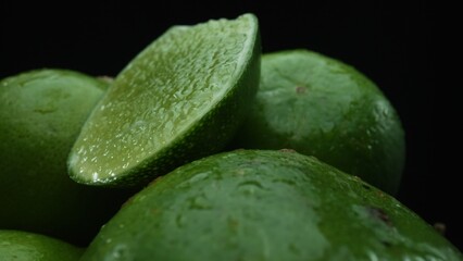 Slices of lime are meticulously arranged in a pile, set against a black background. Each lime slice is captured in stunning detail, its vibrant green hue and enticing texture. Close up. Comestible.