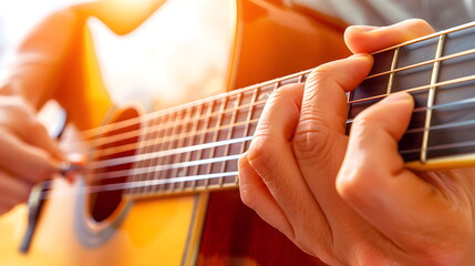 Obraz premium Close-up of a Guitarist's Hands: A detail shot of someone playing an acoustic guitar, capturing the movement of fingers on the fretboard as they create music.