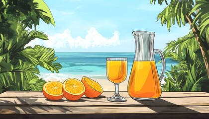 A drawn illustration of fresh orange juice served overlooking the ocean